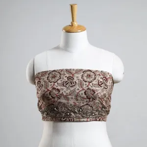 Beige - Kalamkari Block Printed Thread & Bead Work Hand Embroidery Cotton Blouse Piece