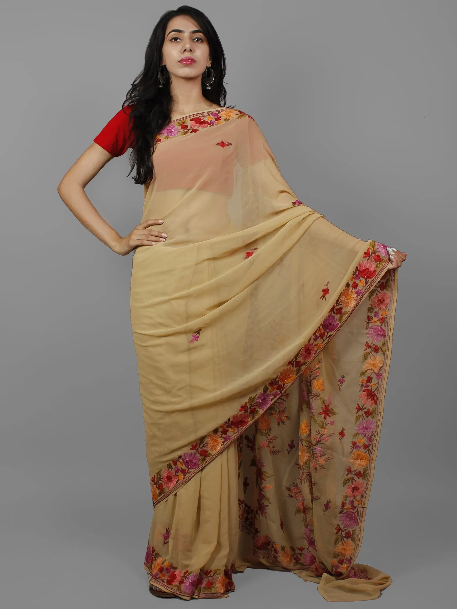 Beige Lavneder Maroon Aari Embroidered Georgette Saree From Kashmir  - S031702142