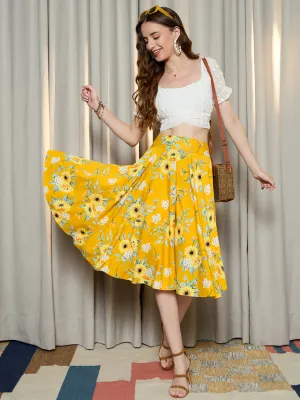 Berrylush Women Yellow & Green Floral Printed High-Rise Waist Slip-On Pleated A-Line Midi Skirt