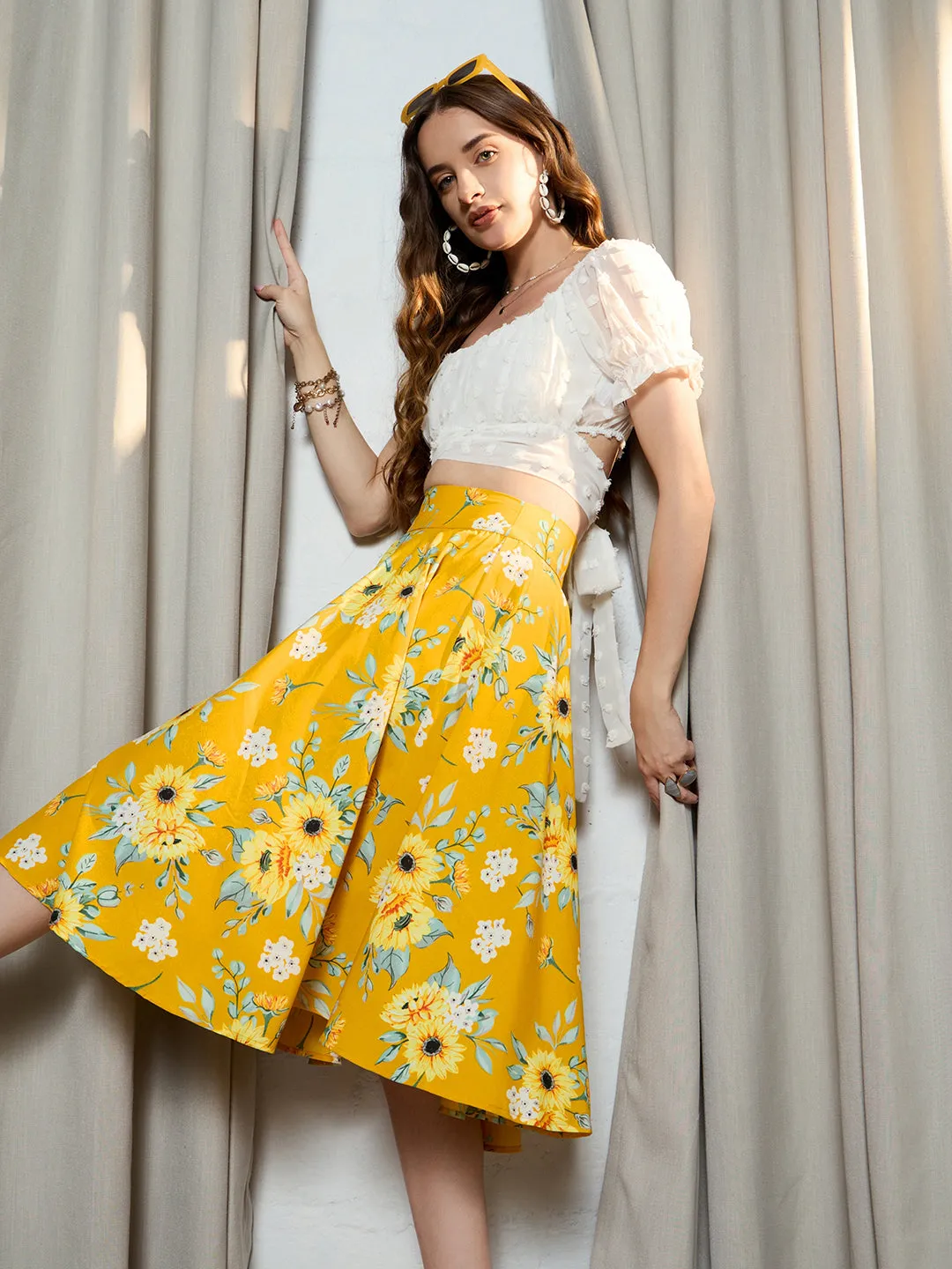 Berrylush Women Yellow & Green Floral Printed High-Rise Waist Slip-On Pleated A-Line Midi Skirt