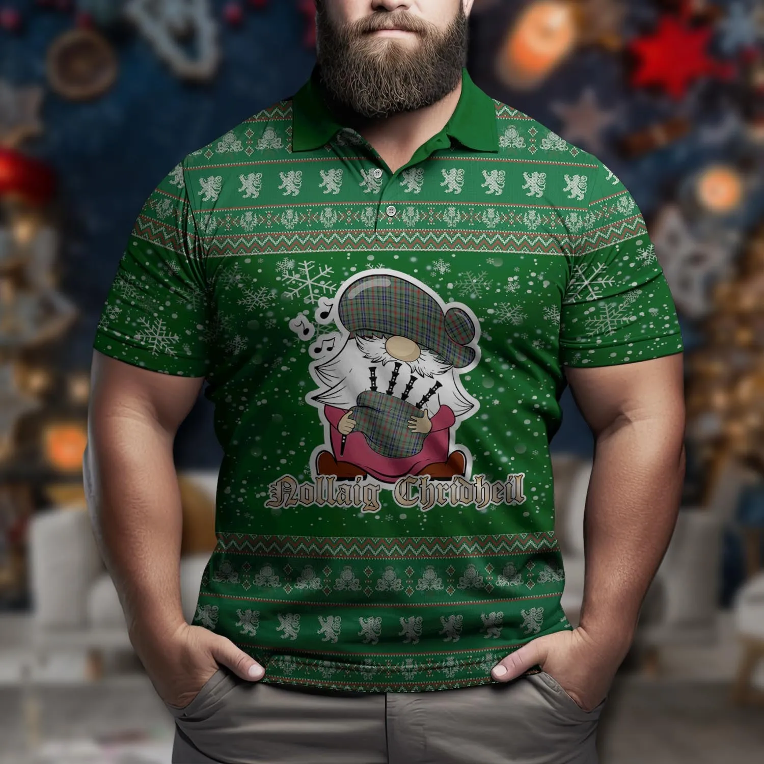 Bisset Clan Christmas Family Polo Shirt with Funny Gnome Playing Bagpipes