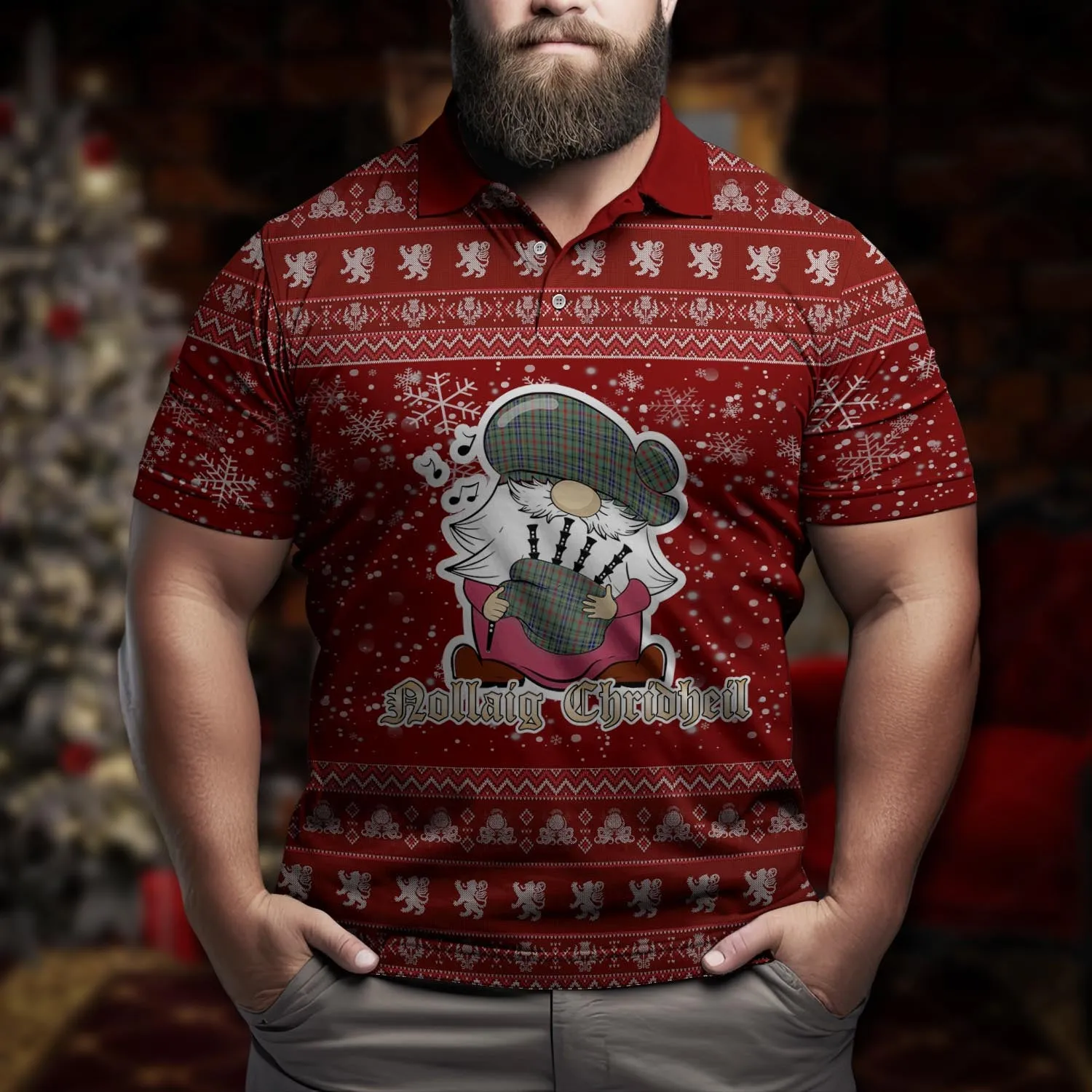 Bisset Clan Christmas Family Polo Shirt with Funny Gnome Playing Bagpipes