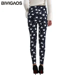 BIVIGAOS Spring Summer Womens Fashion Black Milk Thin Stretch leggings Colored Stars Graffiti Slim Skinny Leggings Pants Female