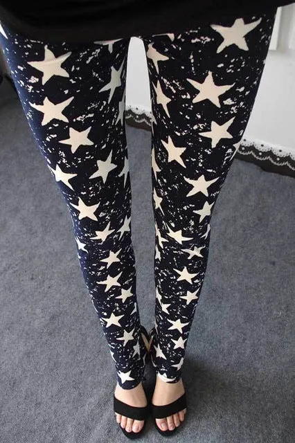 BIVIGAOS Spring Summer Womens Fashion Black Milk Thin Stretch leggings Colored Stars Graffiti Slim Skinny Leggings Pants Female