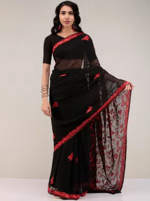 Black Aari Embroidered Georgette Saree From Kashmir - S031704633