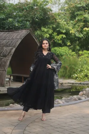 Black Color Butti Work Kurti Pant With Dupatta Set