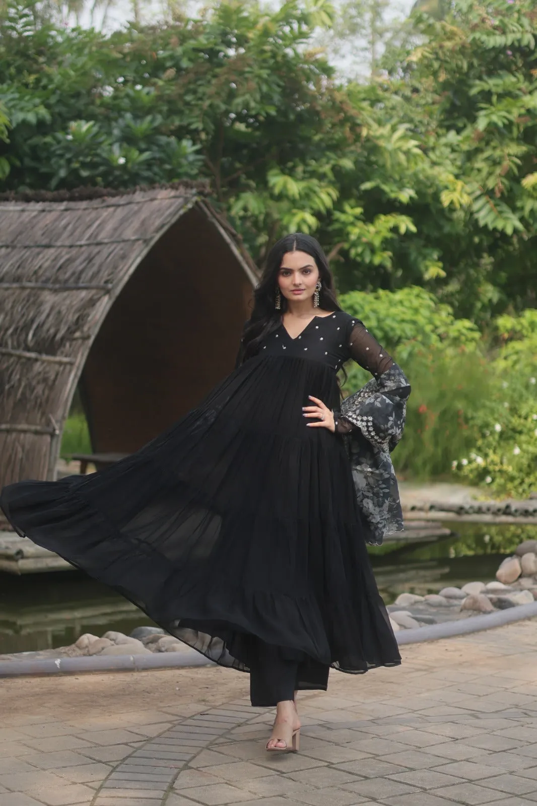 Black Color Butti Work Kurti Pant With Dupatta Set