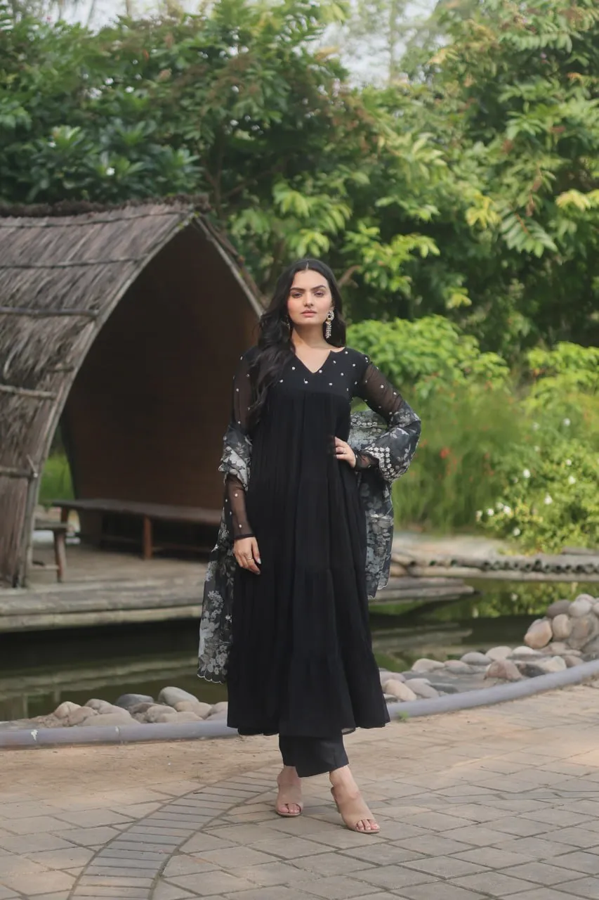 Black Color Butti Work Kurti Pant With Dupatta Set