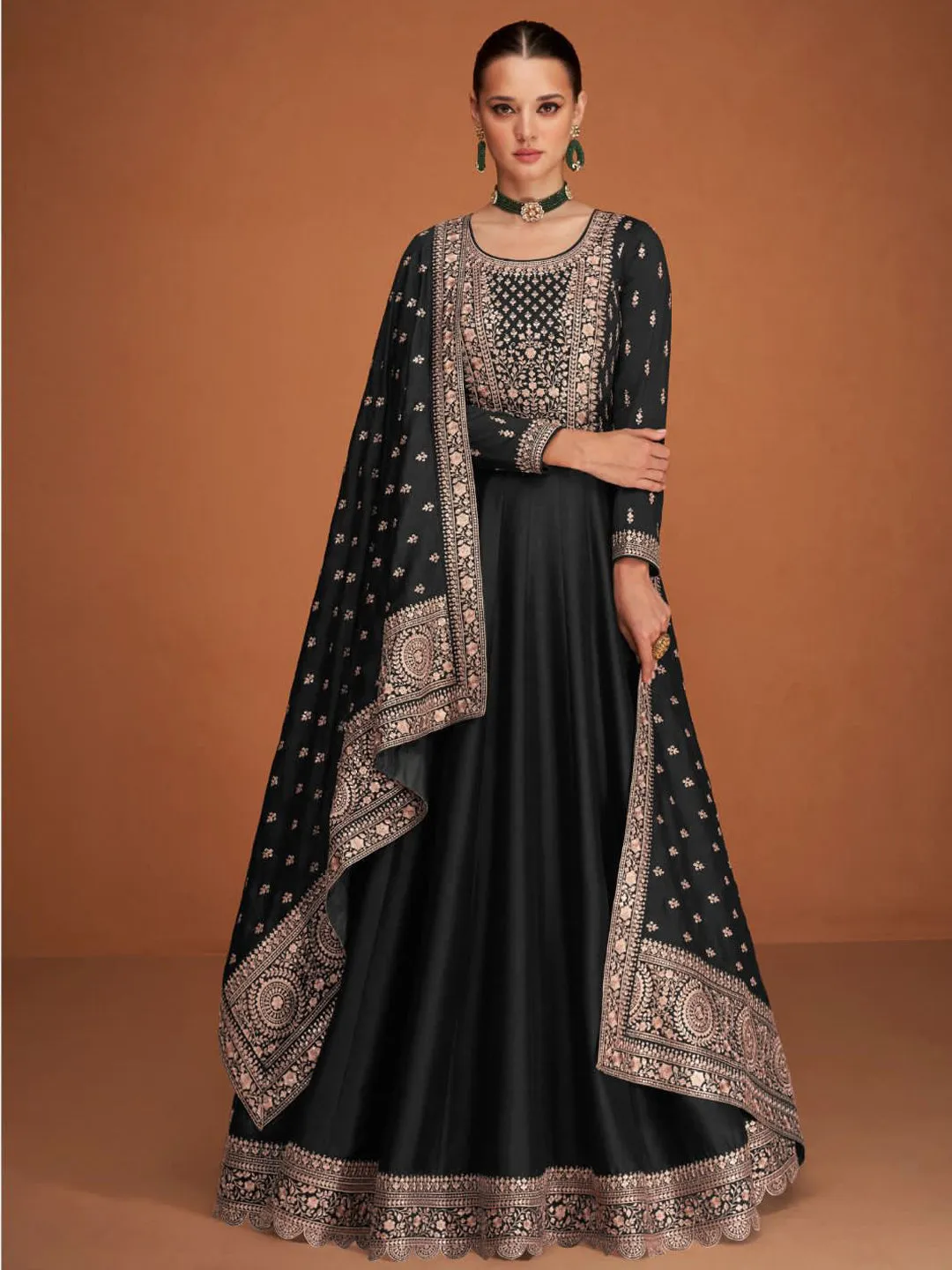 Black Designer Function Wear Semi-Stitched Anarkali Dress With Embroidery Work