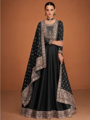 Black Designer Function Wear Semi-Stitched Anarkali Dress With Embroidery Work