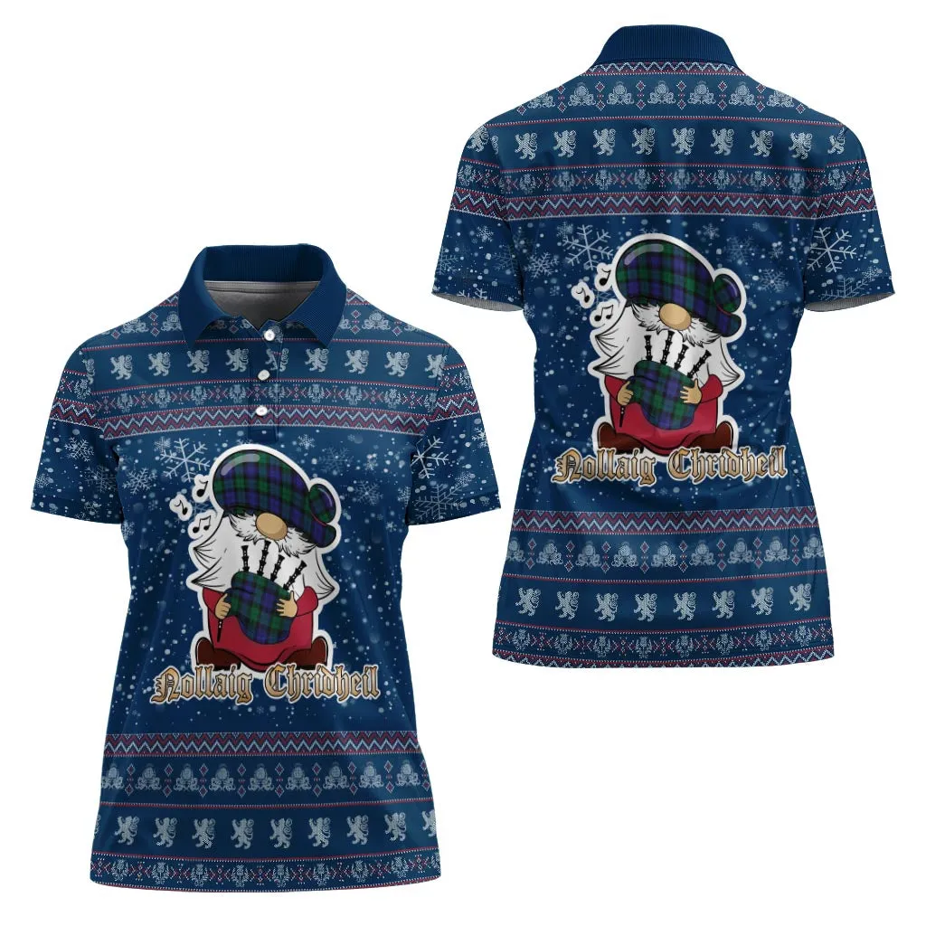 Black Watch Modern Clan Christmas Family Polo Shirt with Funny Gnome Playing Bagpipes