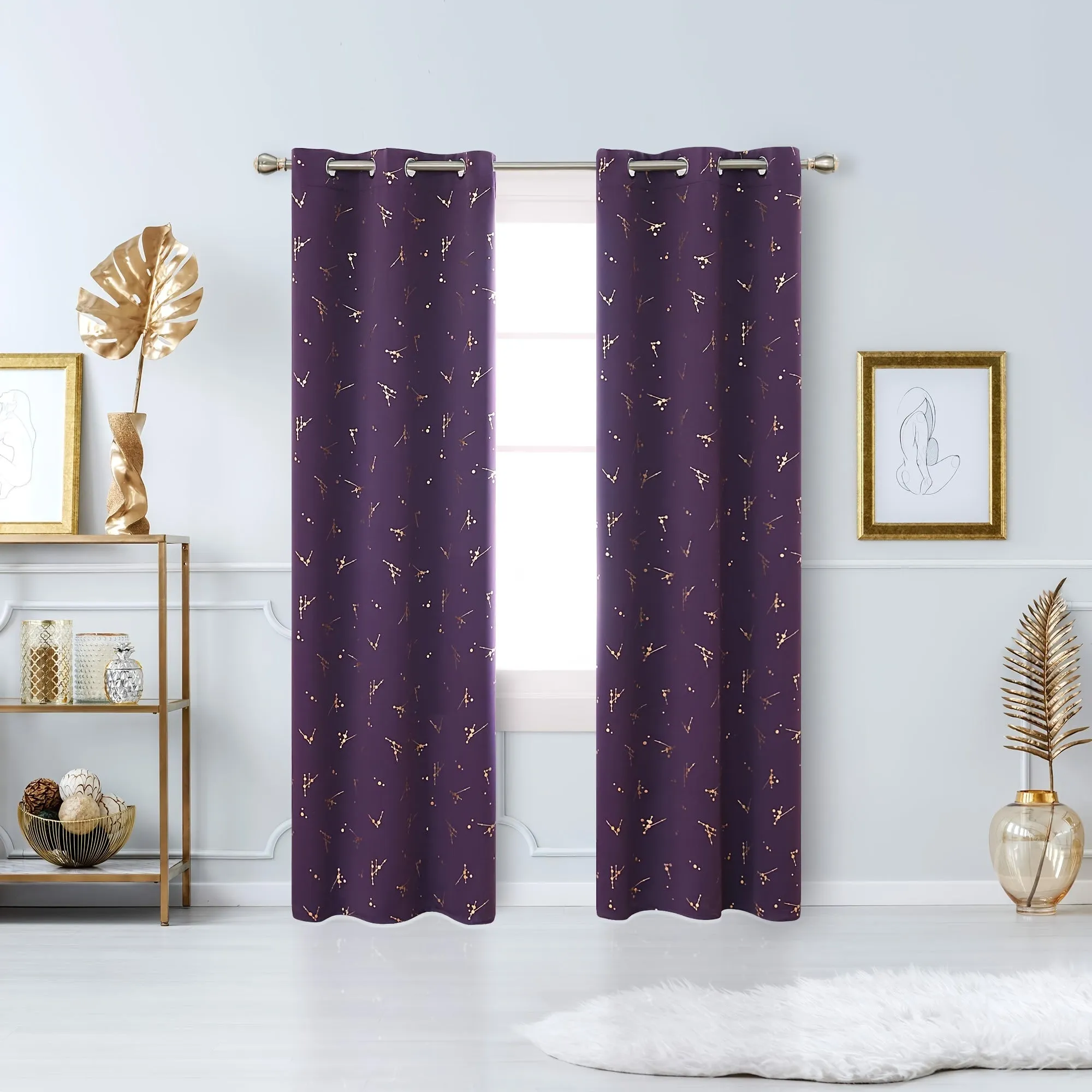 Blackout Curtain Foil Printed Constellation Pattern Curtains Grommet Light Blocking Room Darkening Thermal Insulated Window Drapes Bedroom Living Room 2 Panel