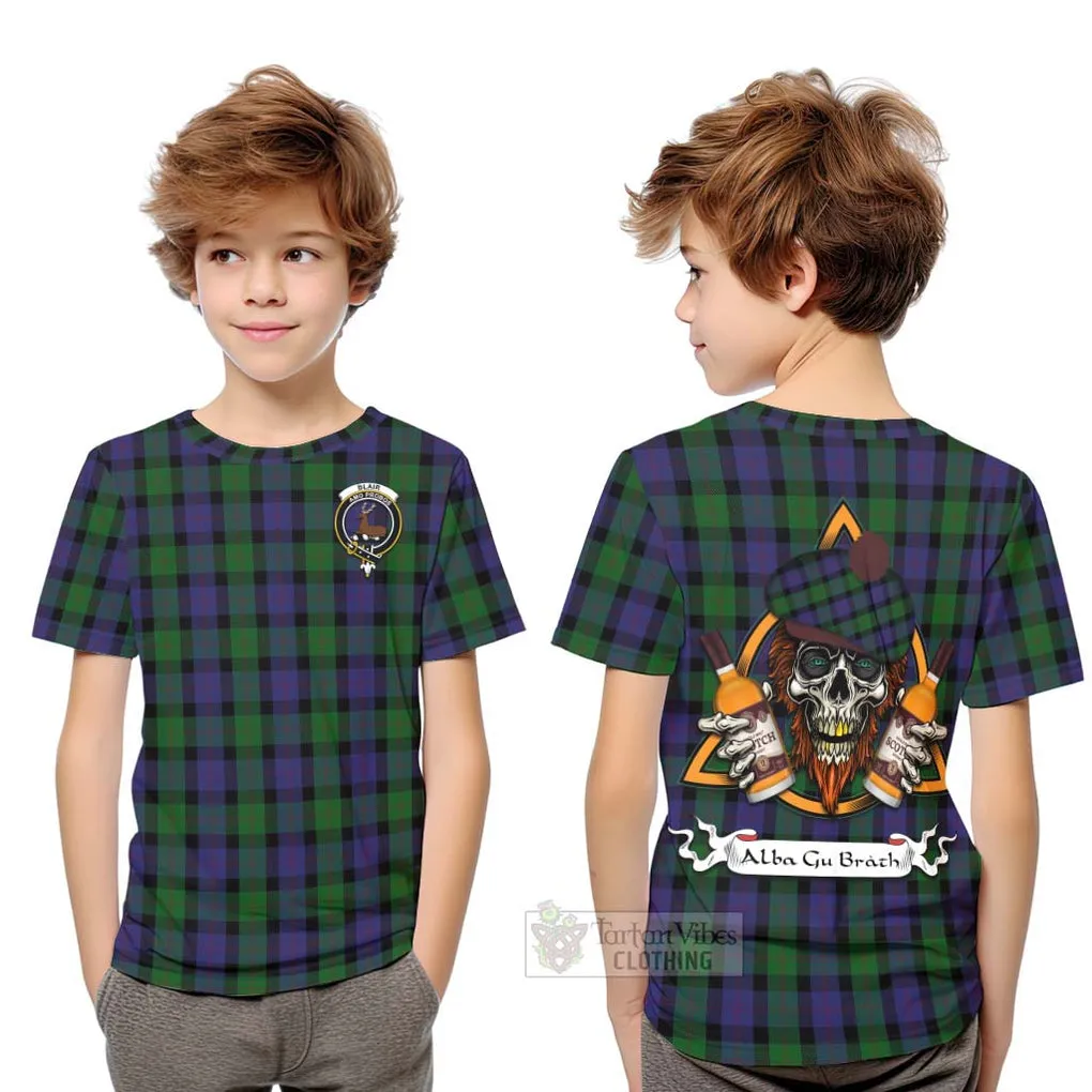 Blair Tartan Kid T-Shirt with Family Crest and Bearded Skull Holding Bottles of Whiskey