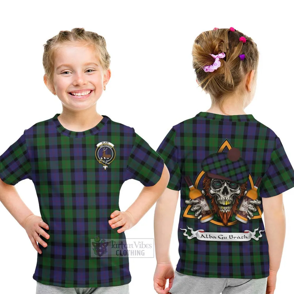 Blair Tartan Kid T-Shirt with Family Crest and Bearded Skull Holding Bottles of Whiskey