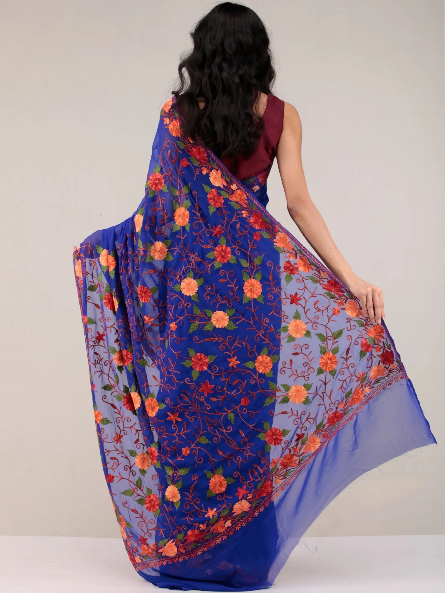 Blue Aari Embroidered Georgette Saree From Kashmir - S031704647