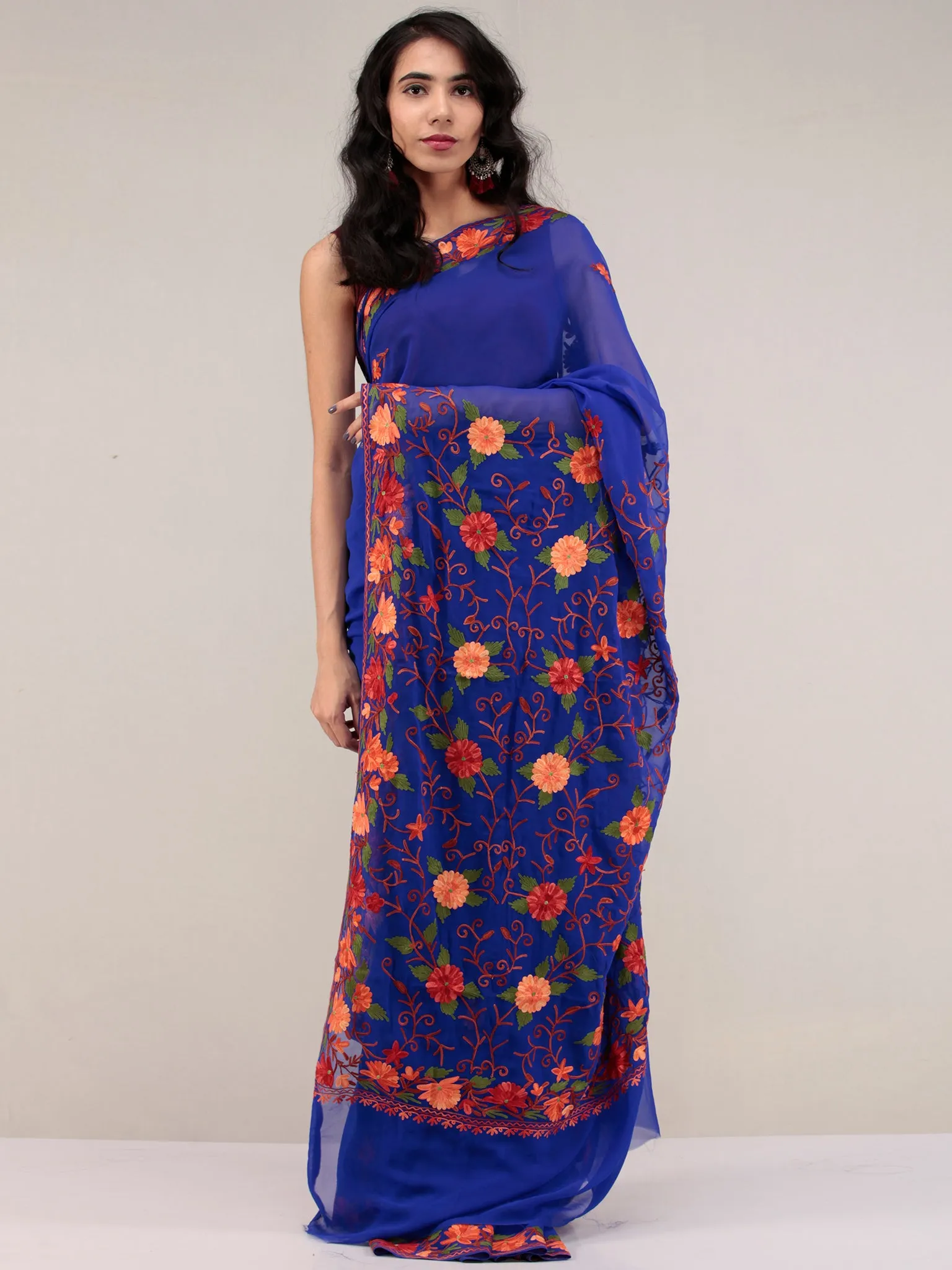 Blue Aari Embroidered Georgette Saree From Kashmir - S031704647