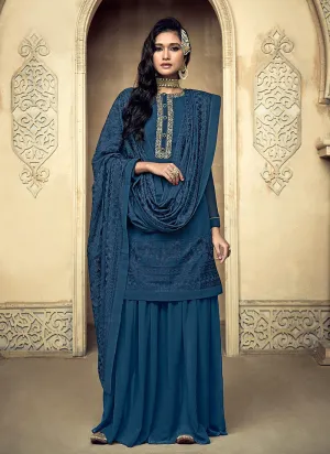 Blue Allover Embroidered Designer Sharara Suit