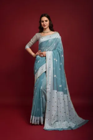 Blue Floral Lucknowi Chikankari  Saree