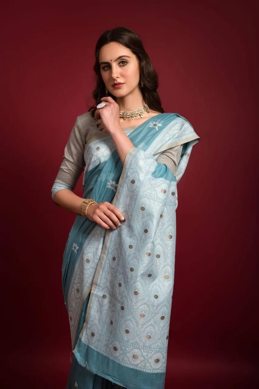 Blue Floral Lucknowi Chikankari  Saree