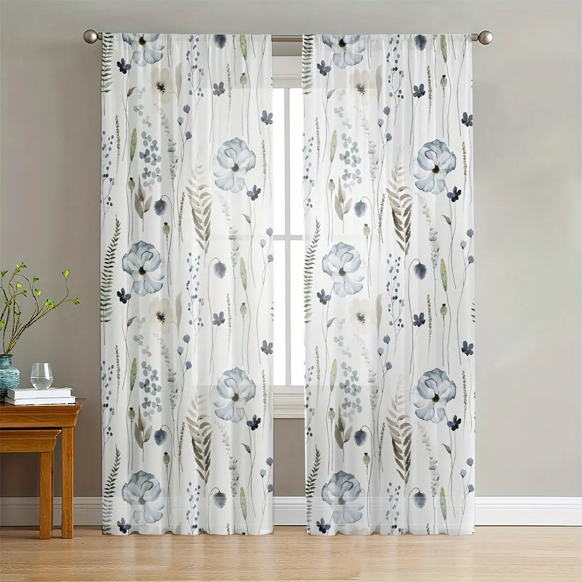 Blue Floral Semi Sheer Curtains 84 Inches Long 2 Panels, Wildflowers Floral Leaf Botanical Print Panels Faux Linen Sheer Texture Drapes Window Treatment For Bedroom Living Room Rod Pocket 52x84 Inch