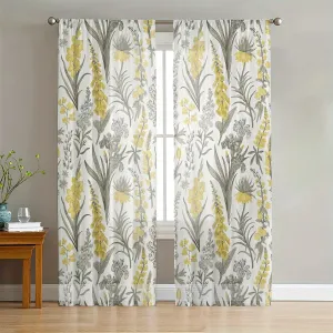 Blue Floral Semi Sheer Curtains 84 Inches Long 2 Panels, Wildflowers Floral Leaf Botanical Print Panels Faux Linen Sheer Texture Drapes Window Treatment For Bedroom Living Room Rod Pocket 52x84 Inch