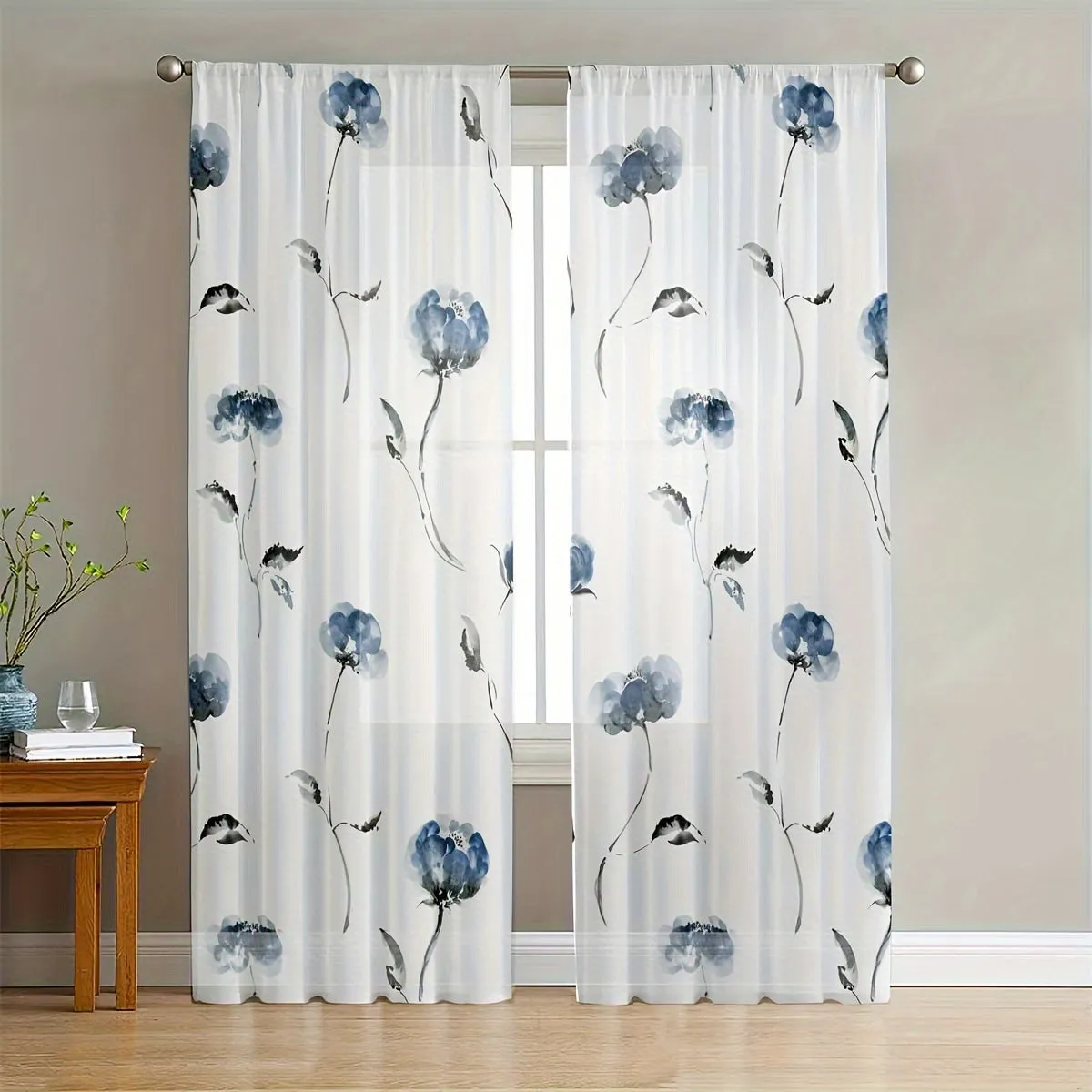 Blue Floral Semi Sheer Curtains 84 Inches Long 2 Panels, Wildflowers Floral Leaf Botanical Print Panels Faux Linen Sheer Texture Drapes Window Treatment For Bedroom Living Room Rod Pocket 52x84 Inch