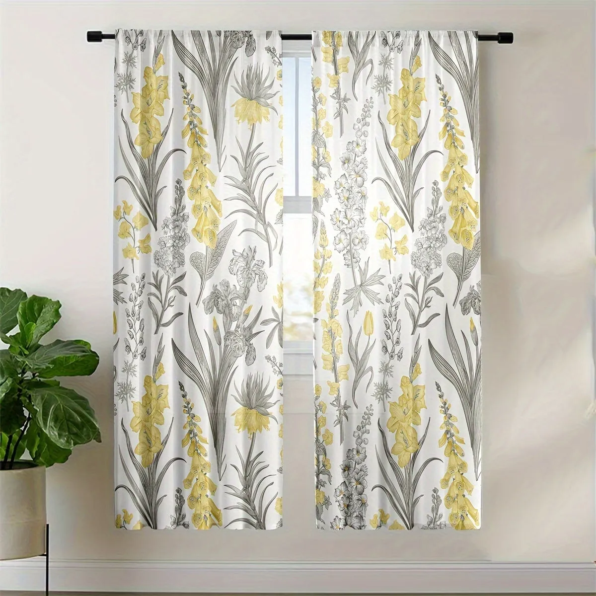 Blue Floral Semi Sheer Curtains 84 Inches Long 2 Panels, Wildflowers Floral Leaf Botanical Print Panels Faux Linen Sheer Texture Drapes Window Treatment For Bedroom Living Room Rod Pocket 52x84 Inch