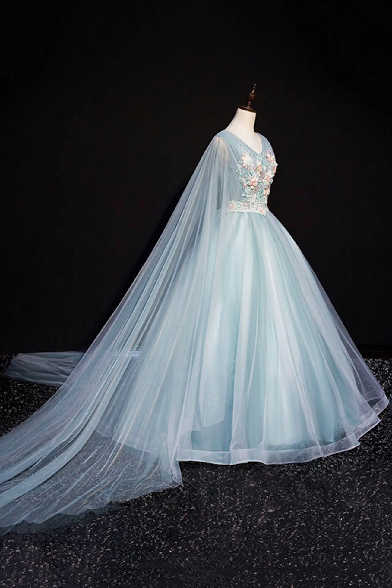 Blue V-Neck Lace Long Prom Dress, Blue A-Line Formal Evening Dress