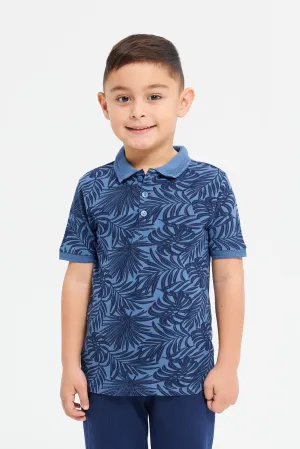 Boys Blue Printed Collar Polo Shirt