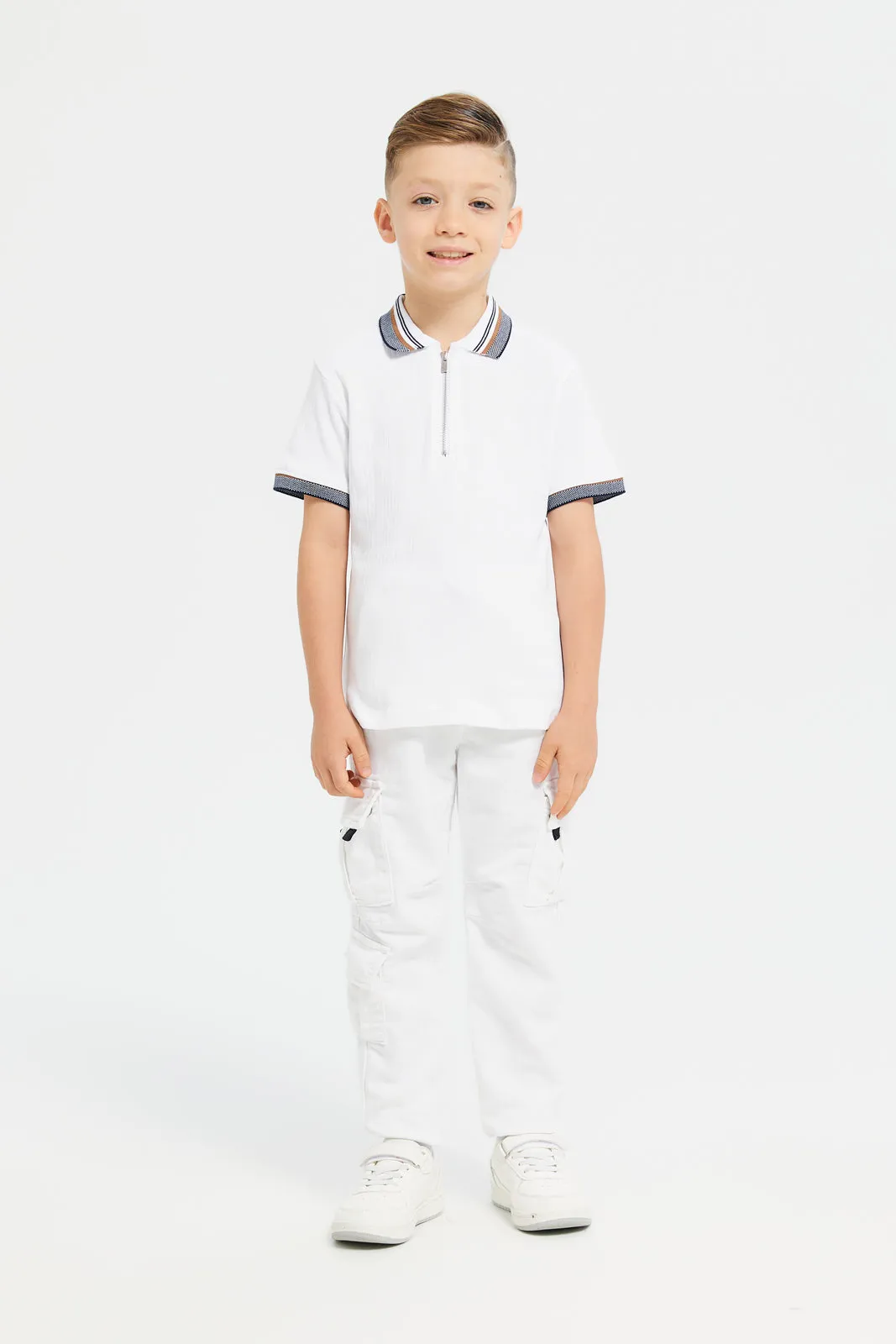 Boys White Front Zipper Short Sleeve Polo T-Shirt