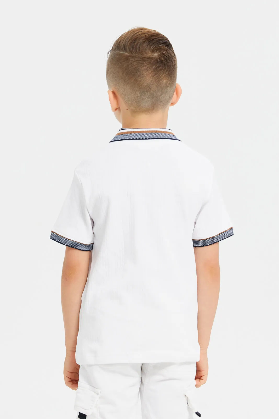 Boys White Front Zipper Short Sleeve Polo T-Shirt