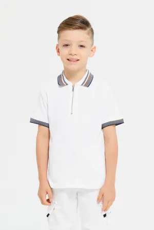 Boys White Front Zipper Short Sleeve Polo T-Shirt