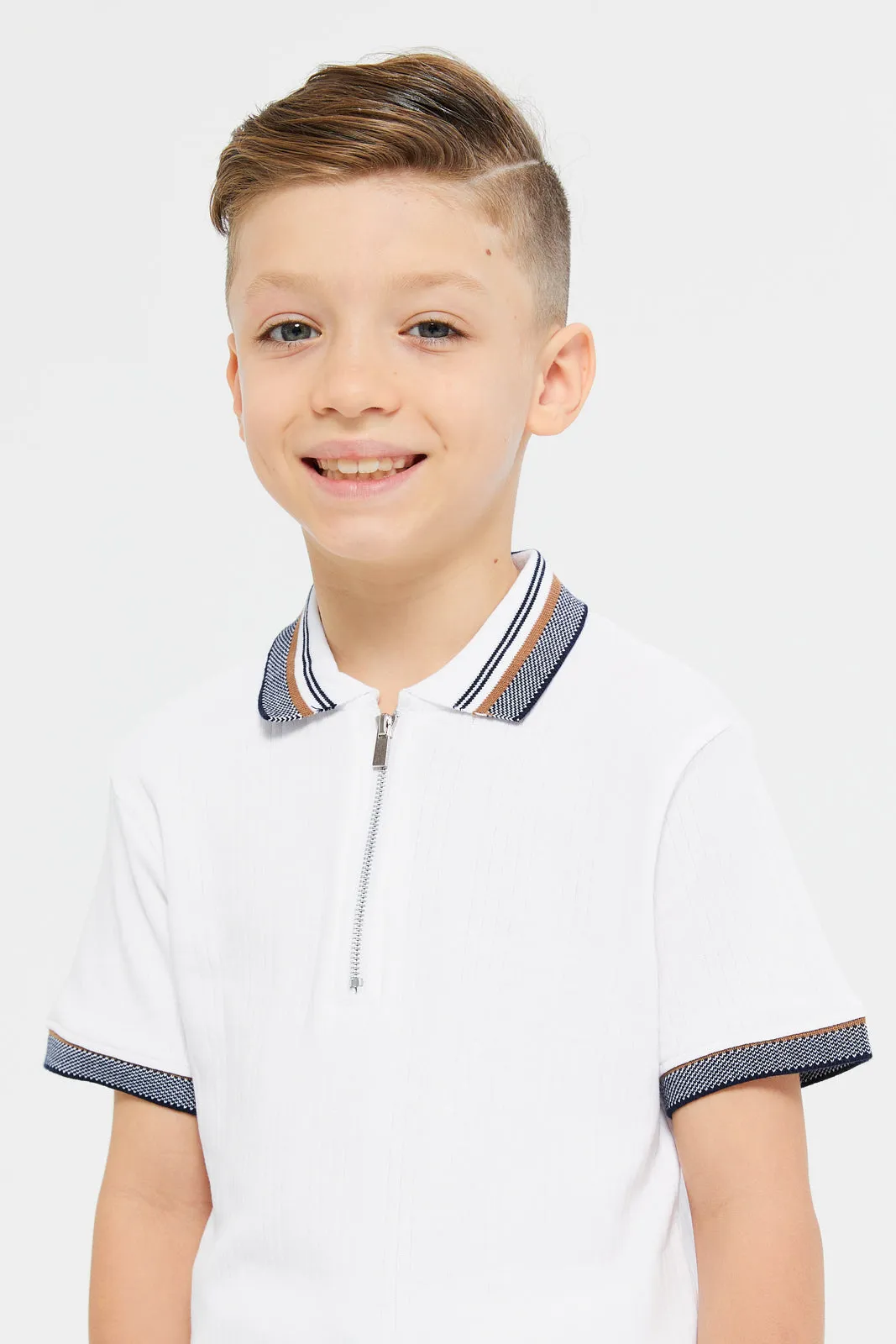 Boys White Front Zipper Short Sleeve Polo T-Shirt