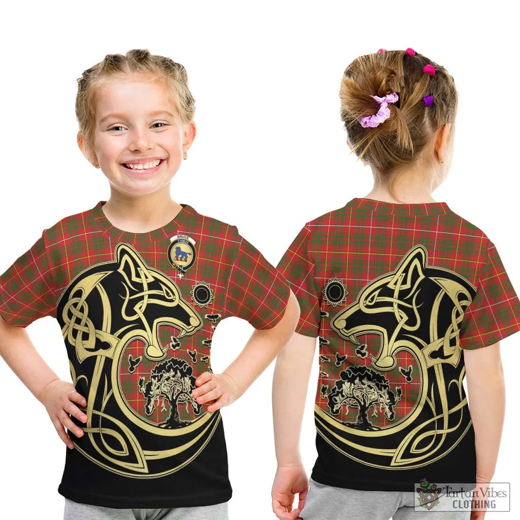 Bruce Modern Tartan Kid T-Shirt with Family Crest Celtic Wolf Style