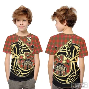 Bruce Modern Tartan Kid T-Shirt with Family Crest Celtic Wolf Style