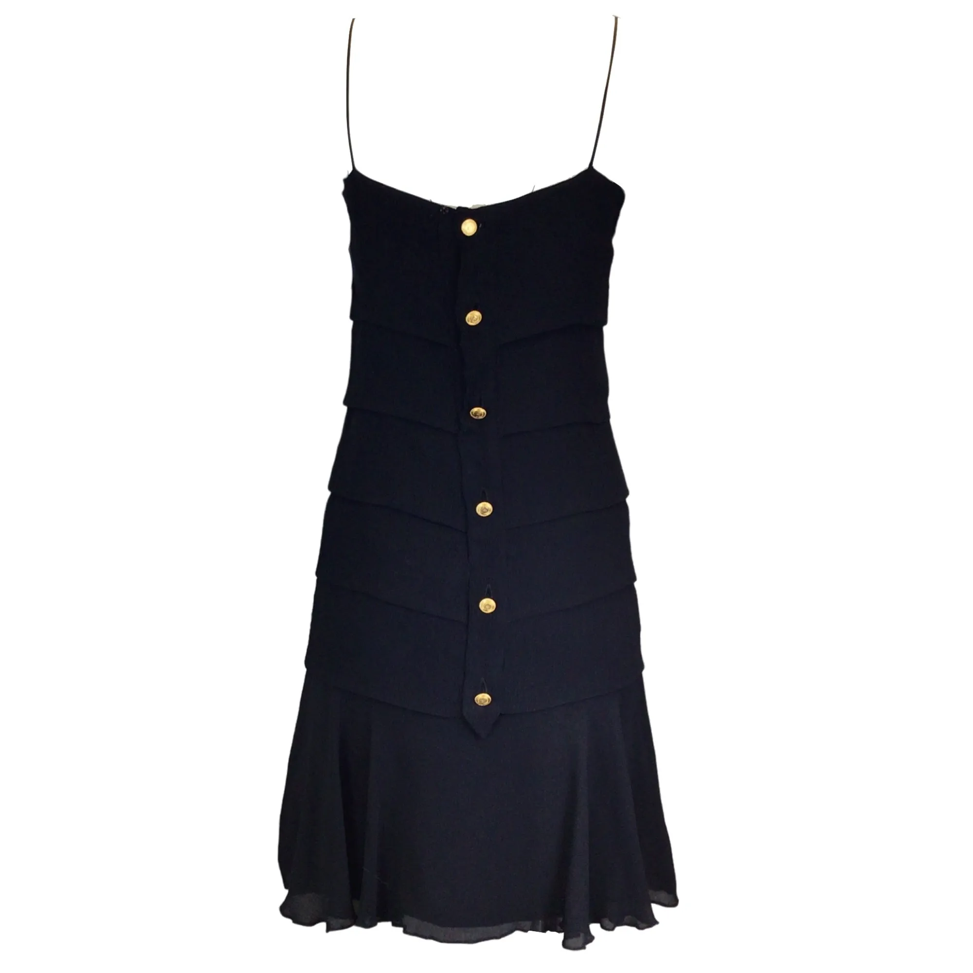 Chanel Boutique Vintage Black / Gold Button Detail Sleeveless Silk Dress