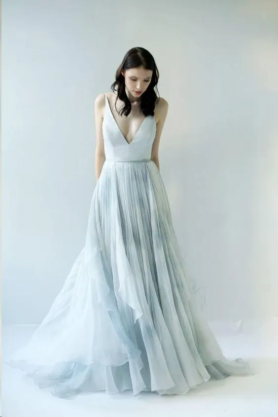 Charming Straps Simple V Neck Tulle Prom Dresses Evening Dresses PG467