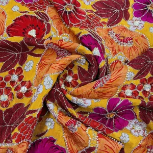 Classic Mustard Yellow Multicolor Floral Sequins Pearl Embroidery Natural Crepe Fabric