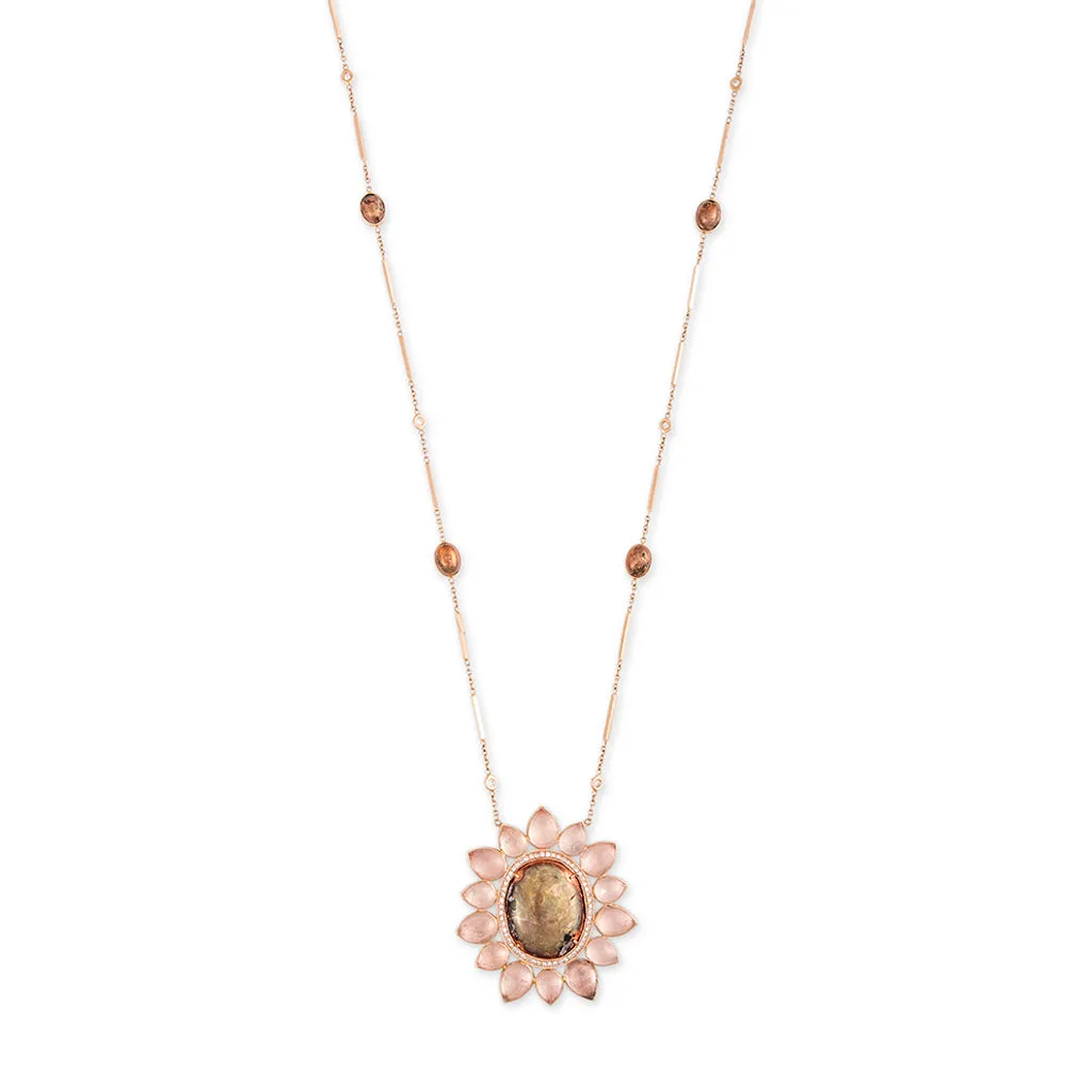 COPPER   MOONSTONE BLOSSOM SMOOTH BAR DIAMOND NECKLACE