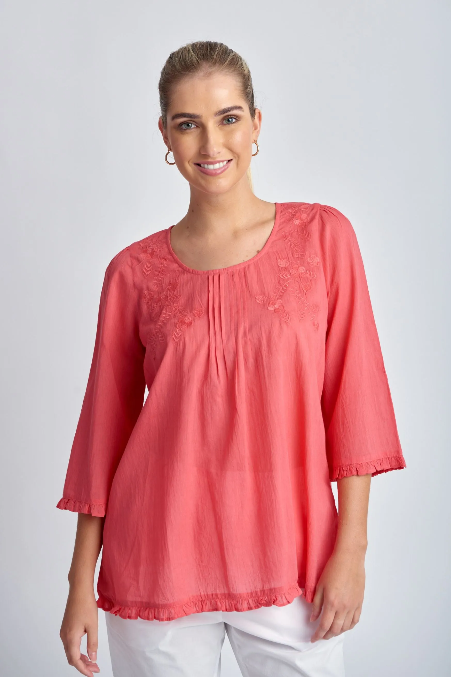 Cotton Trapeze Top With Embroidery Coral