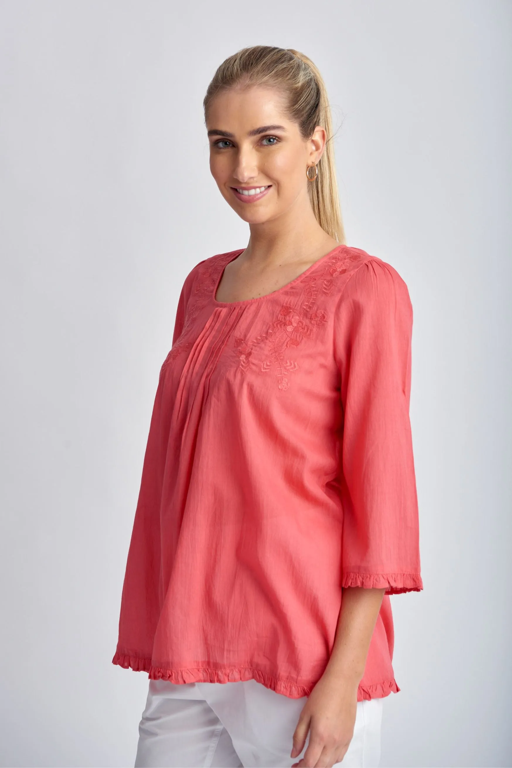 Cotton Trapeze Top With Embroidery Coral