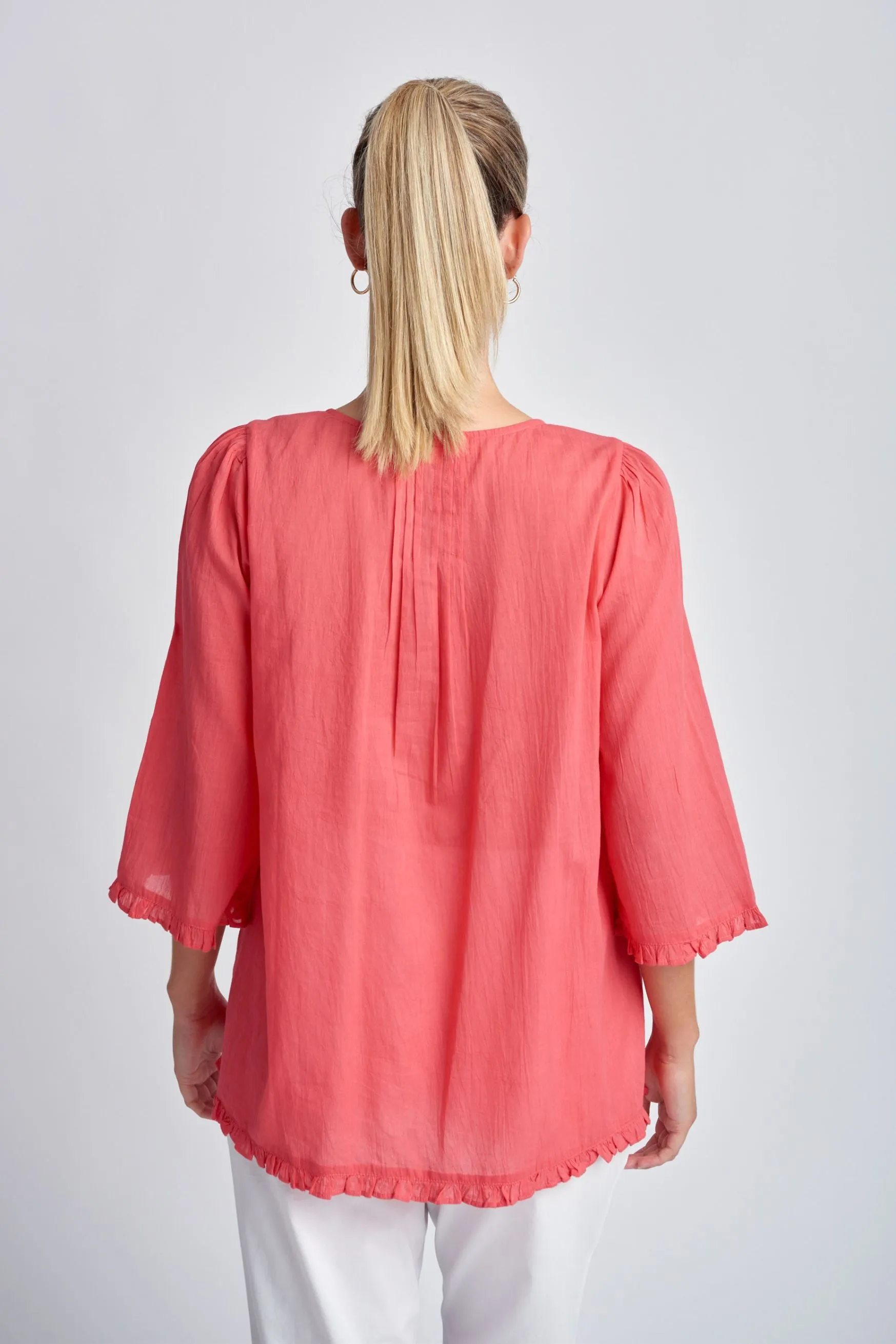 Cotton Trapeze Top With Embroidery Coral