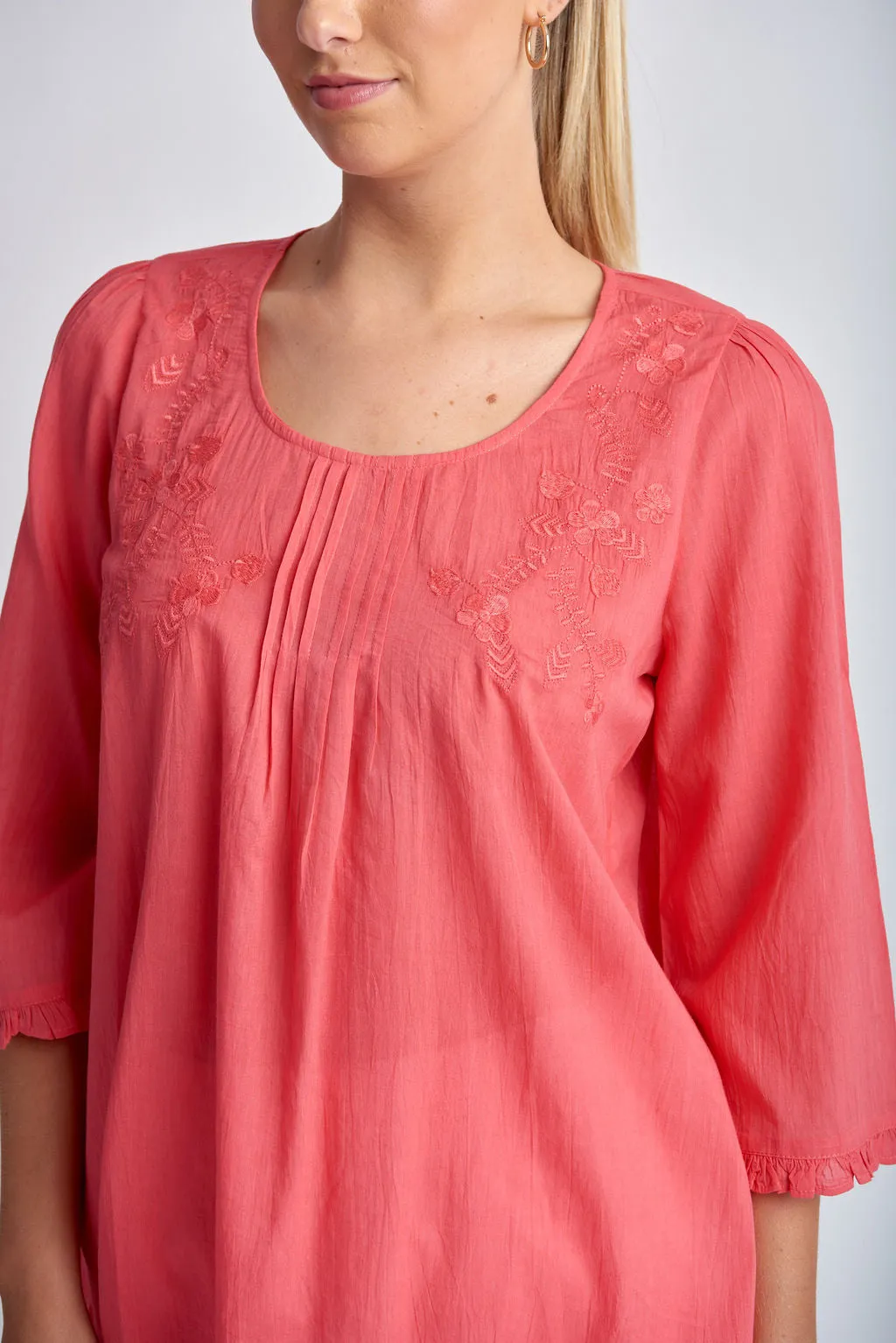 Cotton Trapeze Top With Embroidery Coral