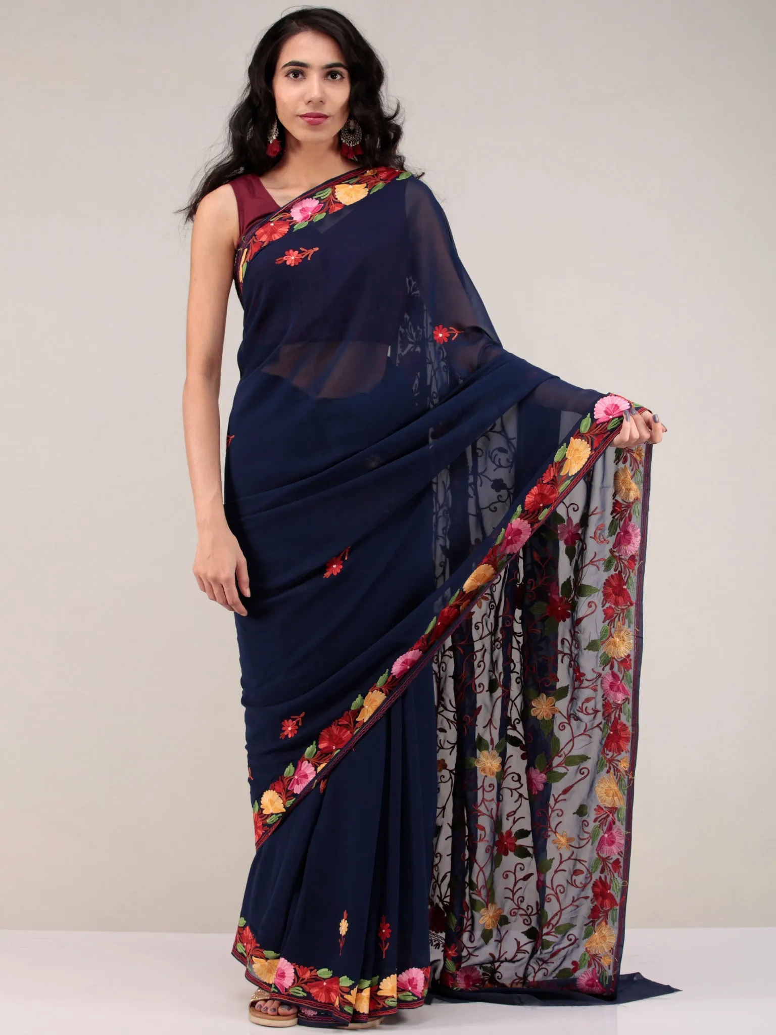 Dark Blue Aari Embroidered Georgette Saree From Kashmir - S031704646