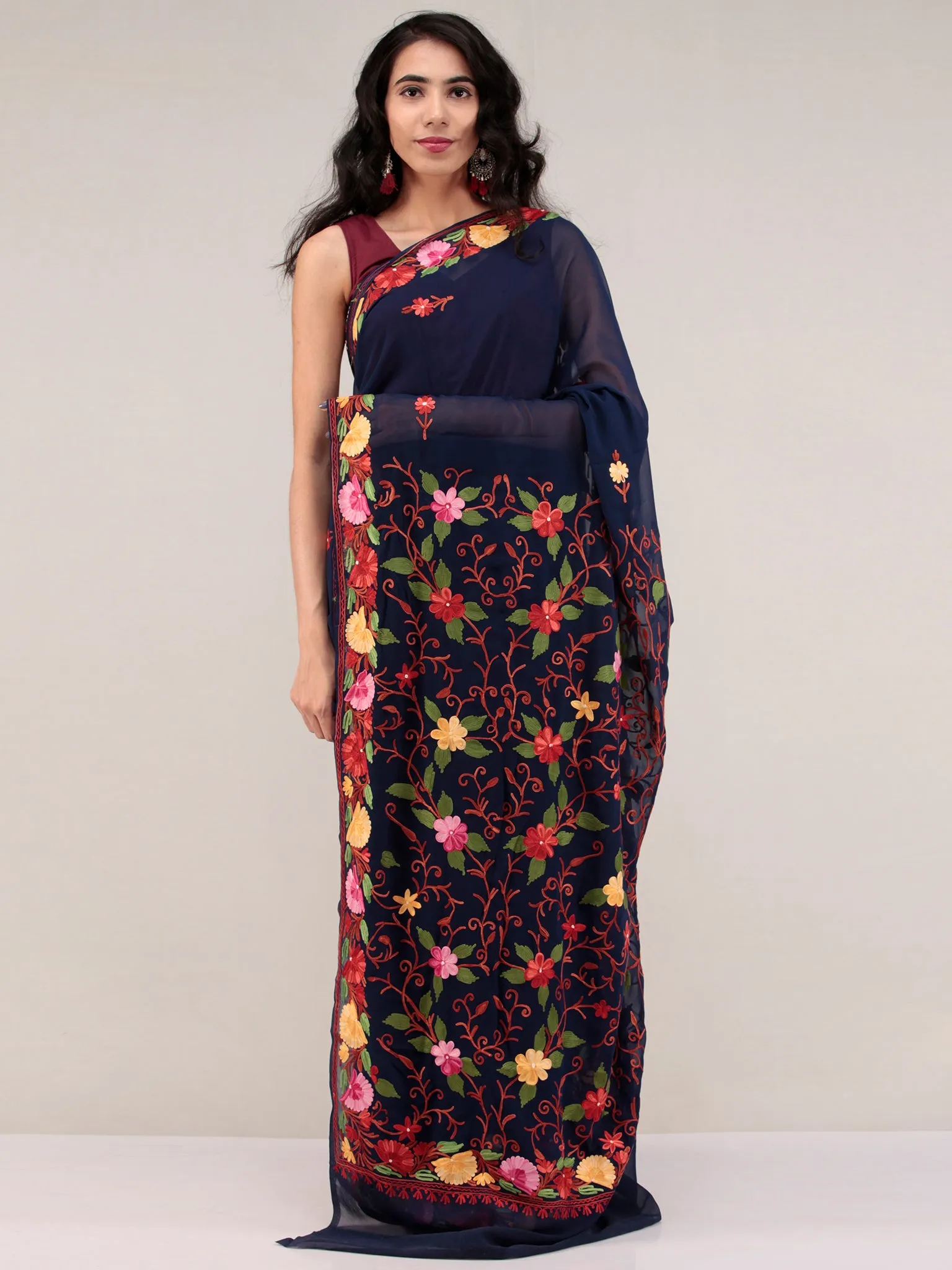 Dark Blue Aari Embroidered Georgette Saree From Kashmir - S031704646