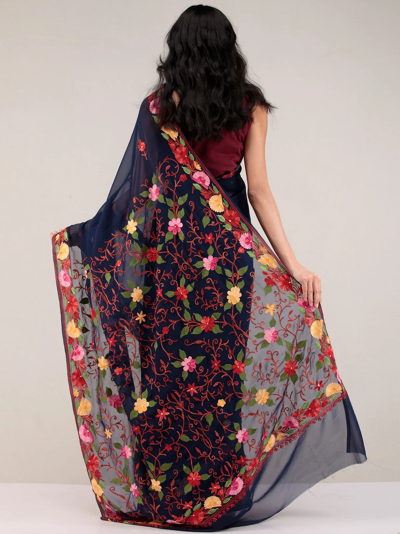 Dark Blue Aari Embroidered Georgette Saree From Kashmir - S031704646