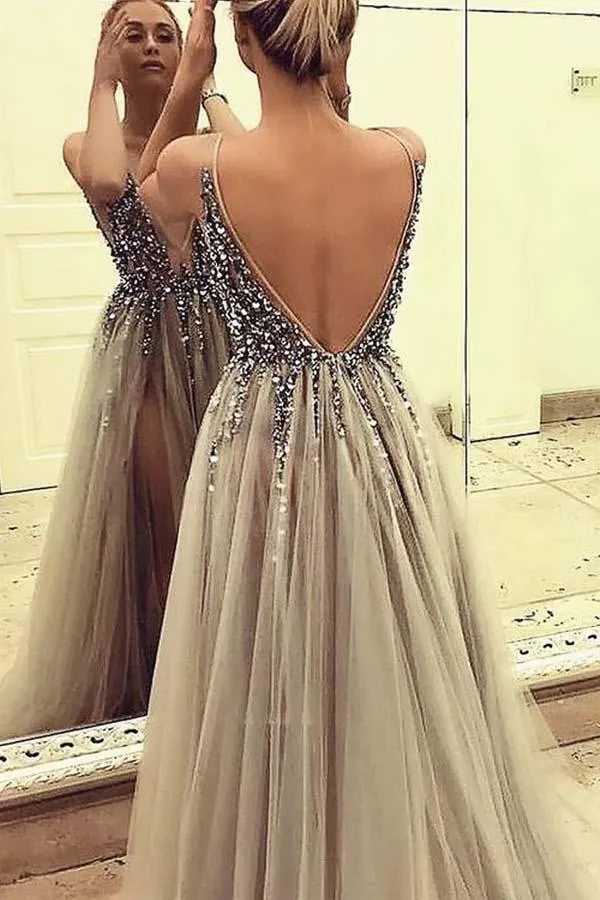 Deep V-neck Backless Split Sweep Train Grey Prom Dress with Beading PG365