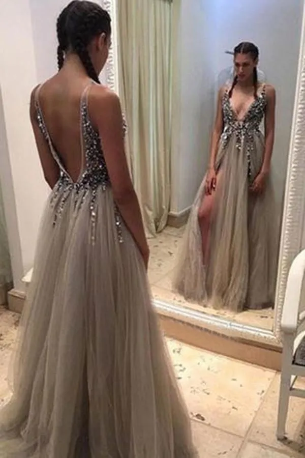 Deep V-neck Backless Split Sweep Train Grey Prom Dress with Beading PG365