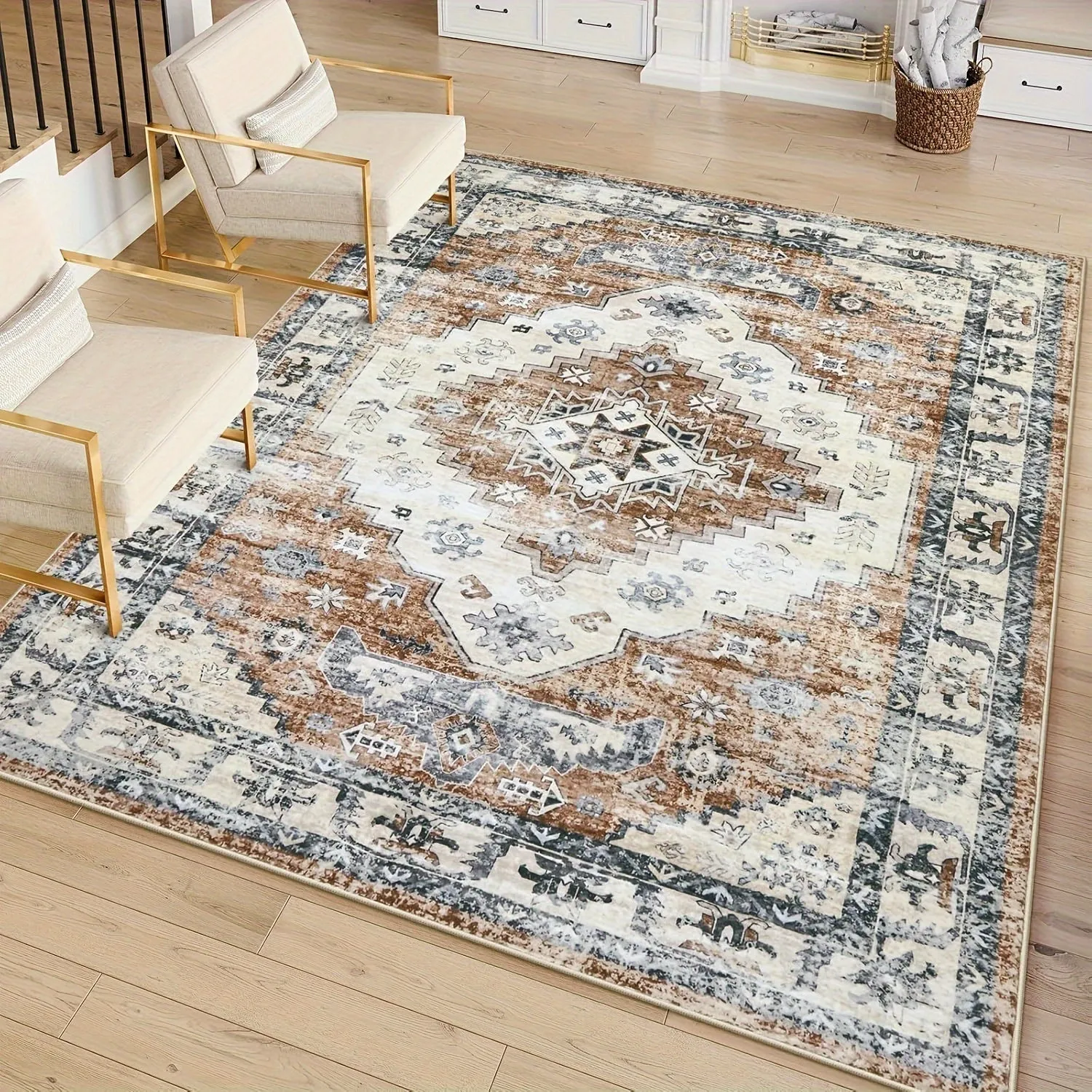 EEVAN Washable 8x10 Area Rug, Non Slip Living Room Floor Carpet, Non-Shedding 8x10 Rug Under Bed, Vintage Nursery Rug, Low Pile Large Area Rug For Office/Playroom/Bedroom