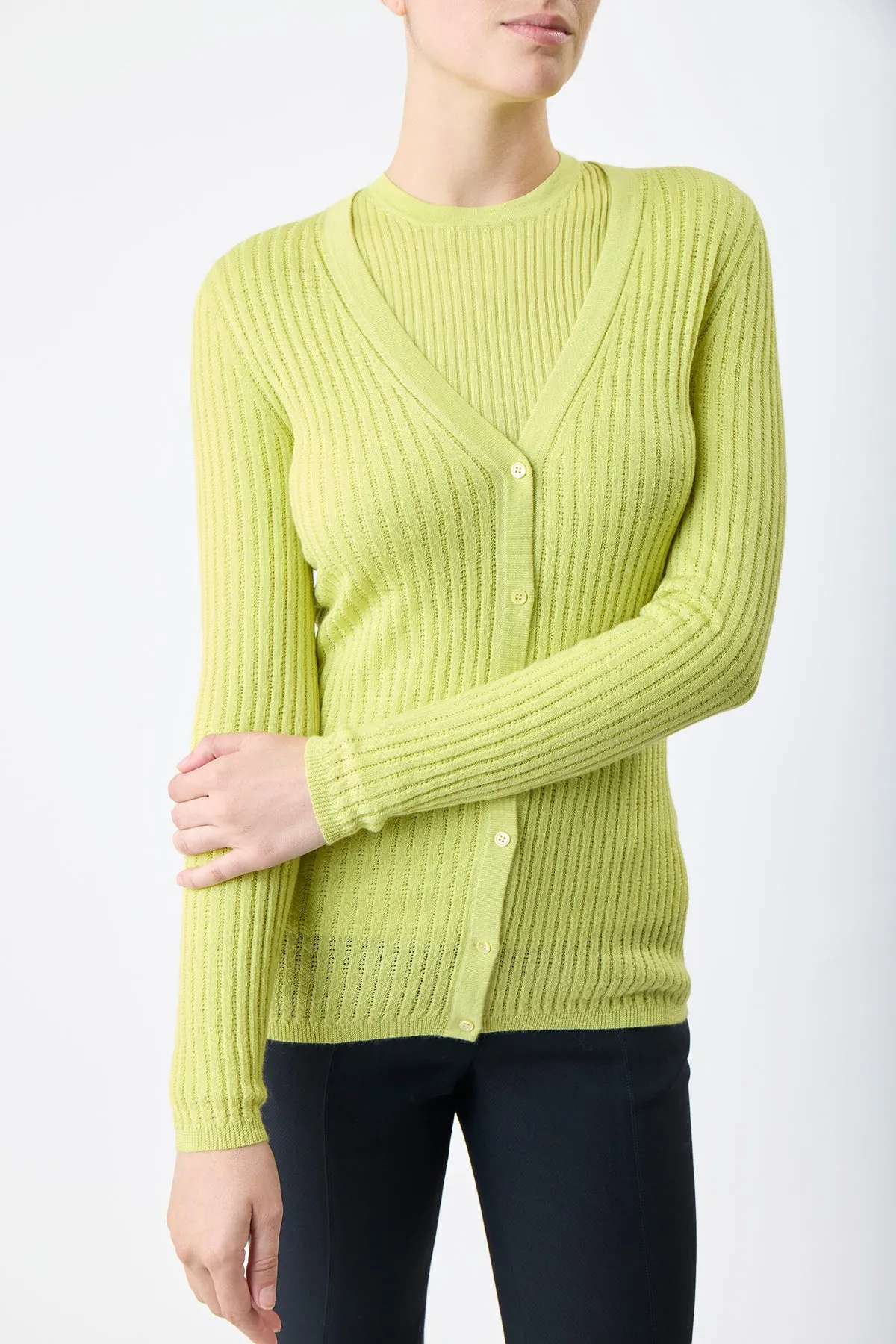 Emma Pointelle Knit Cardigan in Lime Adamite Cashmere Silk